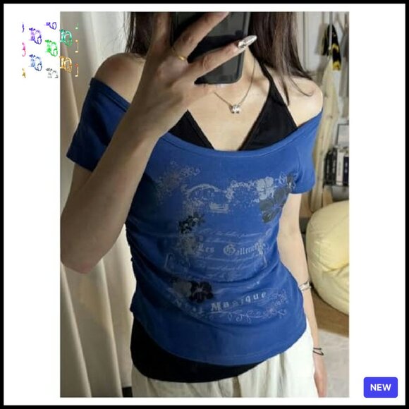 Y2K Graphic Halter Neck T-Shirt Ruched Short Sleeve Going Out Top - Picture 3 of 6